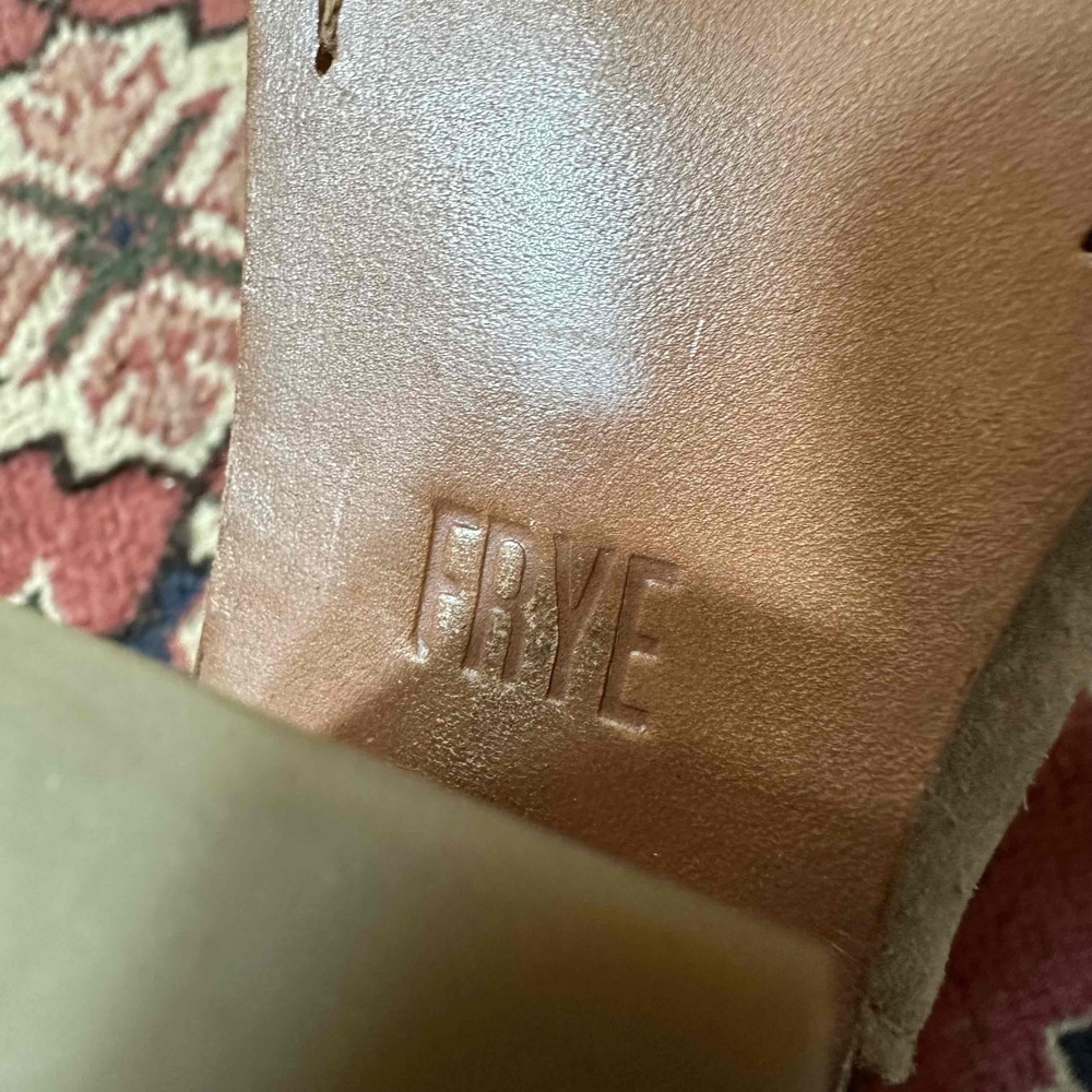 Frye Tan Suede Peep Toe Slingback Buckle Strap Ankle Bootie Heels Size 6 - Picture 8 of 16